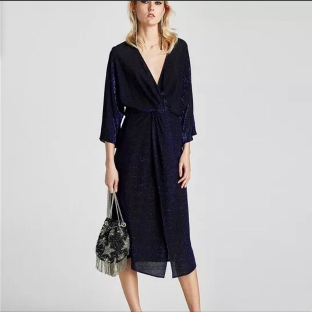 NWT Zara shimmery blue faux wrap midi dress